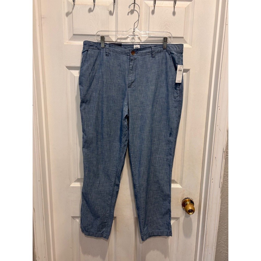 GAP Womens 14 Girlfriend Khaki Pants Blue Chambray Mid Rise‎ Tapered Cotton NEW
